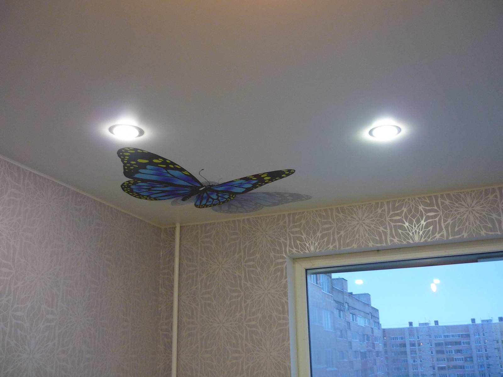 Натяжной потолок на кухне с бабочкой
